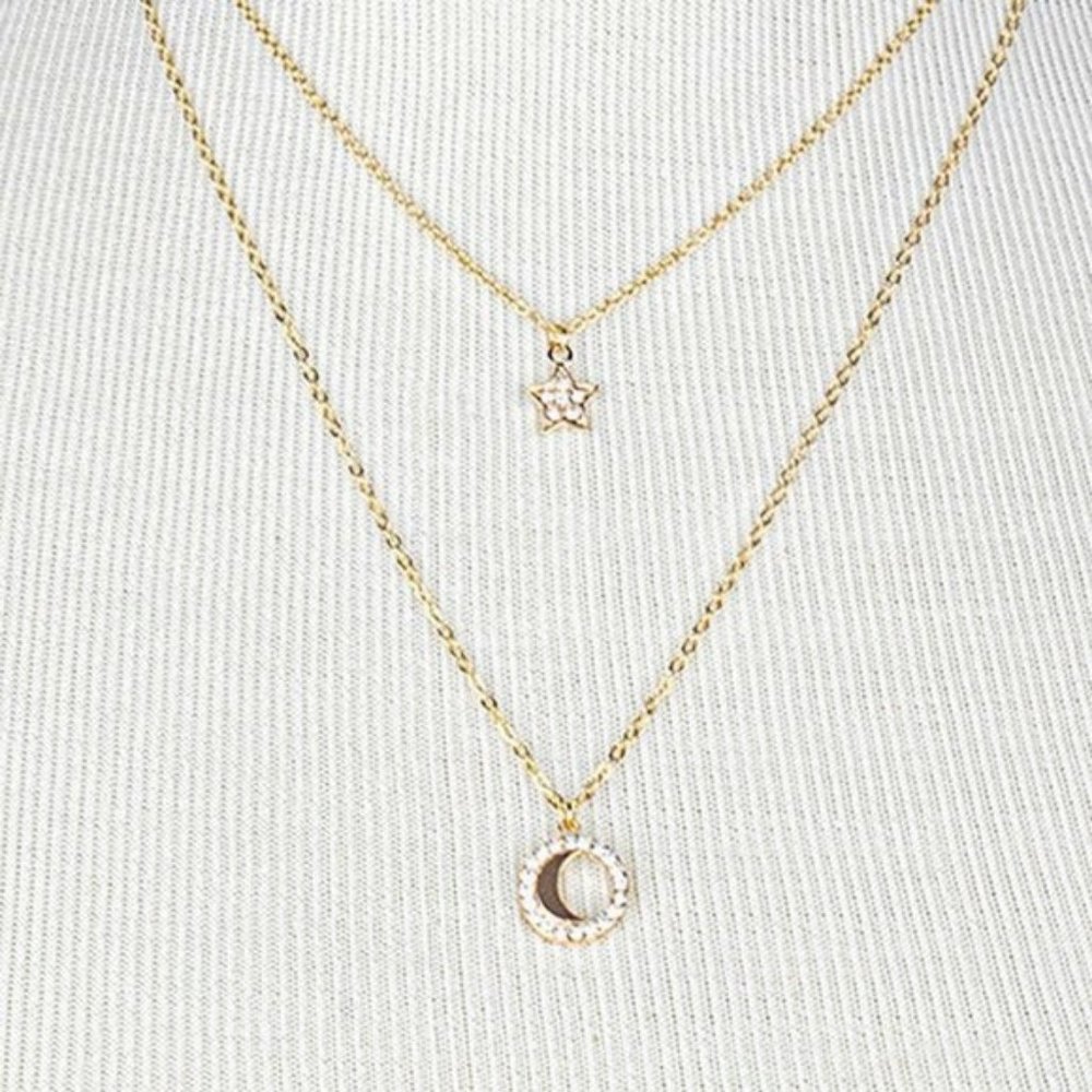 NEW Gold Moon Star Pendant Double Dainty Necklace - Picture 6 of 8